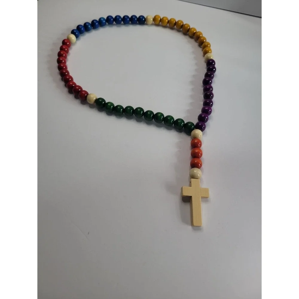 Multicolor Beaded Cross Necklace Chunky Rainbow Boho Statement Pendant